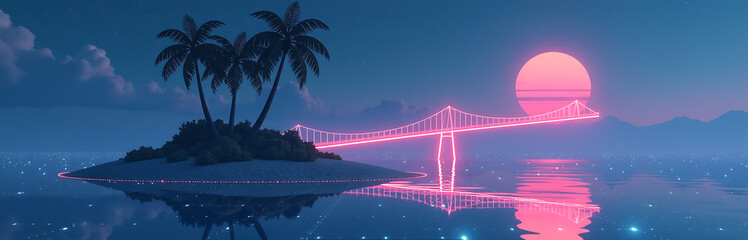 Poster - minimalist island paradise geometric neon light bridge futuristic landscape created generative