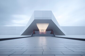 Aufkleber - 抽象的な白い未来的な建築物、幾何学的なデザイン、通路とトンネル、明るい空とミニマルな構造を持つ、現代的な建築外観