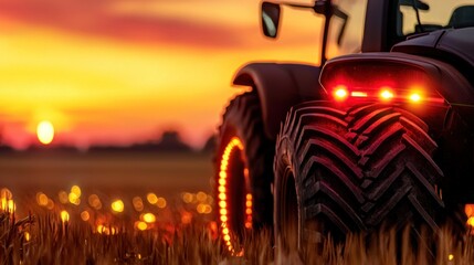 Poster - A tractors rear glowing in a field at sunset on farmland