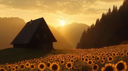 Aufkleber - Golden hour sunlight illuminates a field of sunflowers and a cabin