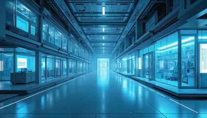 Leinwandbilder - Advanced futuristic industrial facility with high tech installations. Cyberpunk digital lab with glowing lights, neon, blue illumination. Modern technology, innovation in science, research. Interior