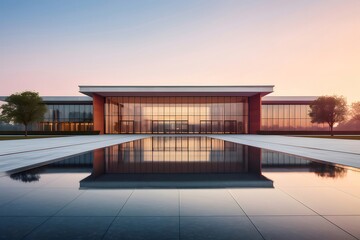 Aufkleber - 夕暮れの光が差し込むモダンな建築物の外観 水面に映る反射が美しいミニマルなデザイン