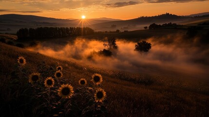 Poster - A beautiful sunrise over a sunflower field and rolling hills
