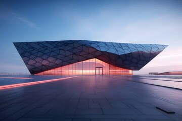 Poster - 抽象的な現代建築デザインと夕暮れの空における未来的な構造物 光と反射が幾何学的な外観を作り出す都会的背景