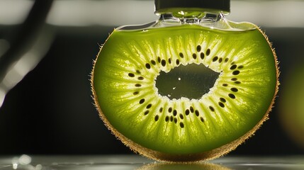 Poster - A backlit kiwi slice with a droplet of green liquid