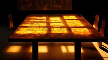 Poster - Illuminated Dining Table with Chairs in a Dark Interior Room
