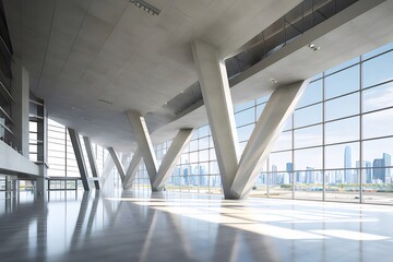 Aufkleber - モダンなコンクリート建築のインテリアデザイン 白い柱 ガラス窓と都市のスカイライン