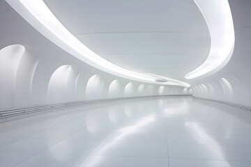 Poster - 白塗りの未来的な廊下 アーチ型の天井と床の反射が特徴的なモダンな空間 建築デザイン クリーンな幾何学的形状と滑らかな表面