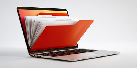 Aufkleber - Laptop screen displaying a red folder overflowing with white files, symbolizing data storage, organization, and digital archiving