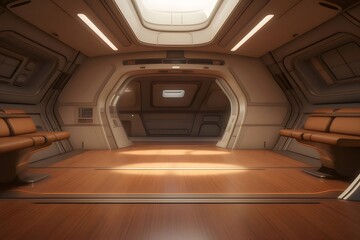 Poster - 未来的な宇宙船内部 ベージュの壁と床 アーチ型のドアとベンチシートが並ぶ 明るい照明