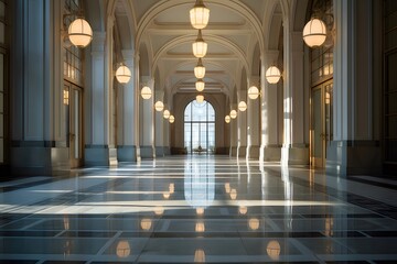 Aufkleber - 白い大理石の床とアーチ型の天井の豪華なインテリアホール ランプの光が反射するエレガントな空間