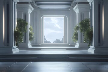 Aufkleber - 白いアーチと柱がある明るい未来的な建築インテリアと緑の植物装飾が施されたミニマルな空間デザイン