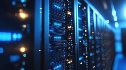 Poster - Futuristic data servers in a glowing blue-lit environment showing advanced network hardware, perfect for tech marketing and cybersecurity visuals
