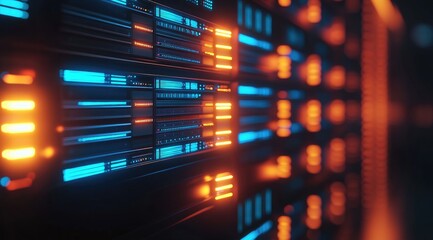 Aufkleber - Close-up of vibrant data servers with intense blue and orange lighting in a high-performance server room, great for cloud services and digital infrastructure ads