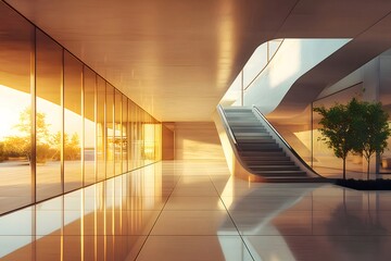 Aufkleber - ミニマリスト建築のインテリアデザイン 階段と大きな窓からの暖かい光が差し込むモダンな空間
