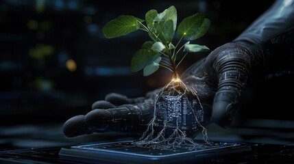 Poster - A metallic hand cradles a growing plant within technology and roots