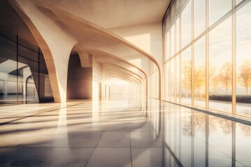 Aufkleber - 暖かい日差しが差し込むモダンな建築物のインテリア 窓から見える景色が美しい空間 デザイン性が高く明るい印象を与えるインテリア