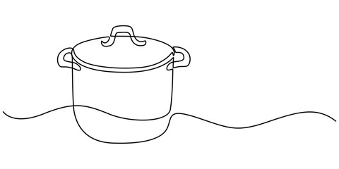 Poster - one continuous line drawing of big pan isolated on white background. cooking and kitchen concept, Saucepan, Cooking Pan icon illustration, Continuous one line drawing of big pan minimalist pro style. 