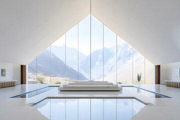 Aufkleber - 白いインテリアのミニマリスト建築、三角形の窓から見える山の風景、水の反射がある静かで平和な空間