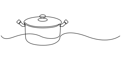 Poster - one continuous line drawing of big pan isolated on white background. cooking and kitchen concept, Saucepan, Cooking Pan icon illustration, Continuous one line drawing of big pan minimalist pro style. 