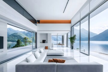 Poster - 湖の景色を望むモダンな白いリビングルームのインテリア ソファと大きな窓のあるミニマルなデザインの住宅の贅沢
