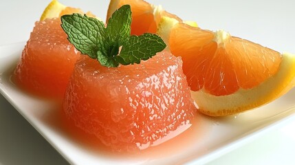 Poster - Fresh grapefruit cubes with a mint sprig on a white plate