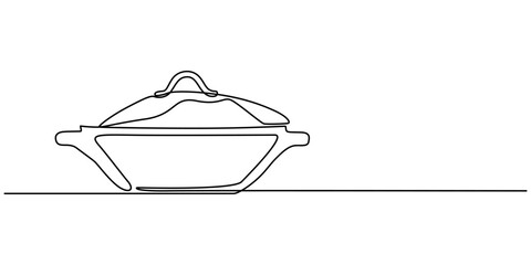 Poster - one continuous line drawing of big pan isolated on white background. cooking and kitchen concept, Saucepan, Cooking Pan icon illustration, Continuous one line drawing of big pan minimalist pro style. 