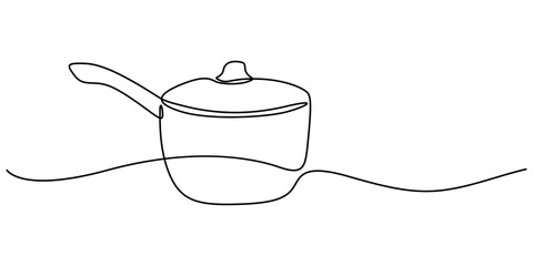 Poster - one continuous line drawing of big pan isolated on white background. cooking and kitchen concept, Saucepan, Cooking Pan icon illustration, Continuous one line drawing of big pan minimalist pro style. 