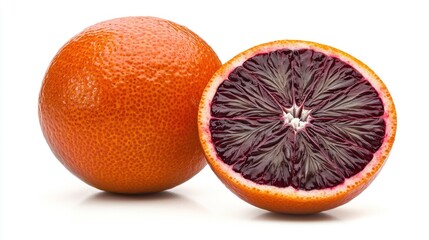 Poster - A whole and a halved blood orange fruit against white background