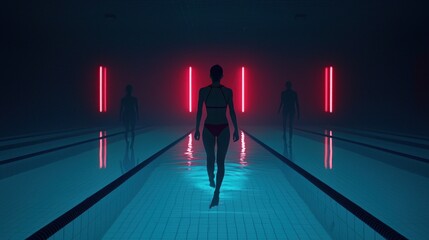 Poster - A person in a swimsuit walks in a dark swimming pool