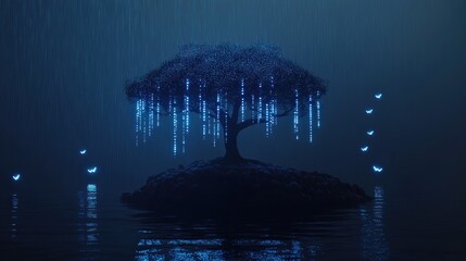 Poster - A luminous tree surrounded by butterflies in a tranquil environment