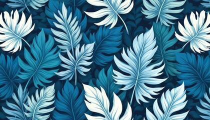 Poster - Seamless tropical pattern blue leaves. Modern design for textile print wallpaper, fabric. Floral nature illustration, repeated art background. Botanical spring design. Blue colors, white leaves,