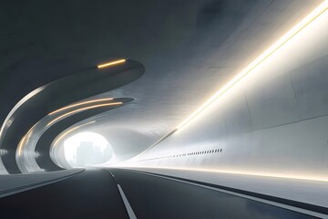 Aufkleber - 未来的な高速道路トンネルの抽象的なレンダリング 灰色のコンクリートの壁と幾何学的なラインが交差し 白い光が背景を照らし出す