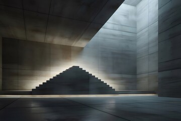 Aufkleber - コンクリートの壁と階段のあるミニマルなインテリアデザイン 現代建築の抽象的な空間 グレーの背景に幾何学的な光と影