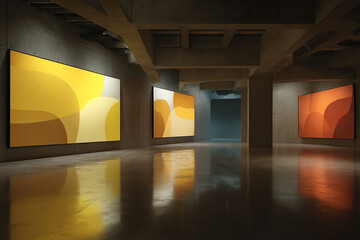 Aufkleber - Abstract art showcased in a modern gallery, featuring yellow and orange hues on large canvases, creating a minimalist yet impactful display, ideal for design or art-related concepts