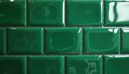 Poster - Close-up glossy emerald green subway tiles. Textured reflective surface. Modern design. Ceramic brick wall background. Interior home kitchen bathroom decor. High quality material.