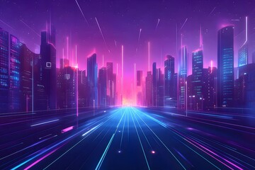 Poster - ネオンライトが輝く未来的な都市の夜景 都市景観 テクノロジーの背景に紫と青の光が交差する抽象的なデザイン