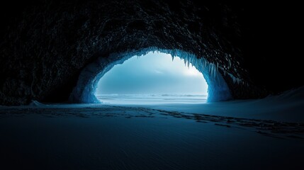 Poster - An icy cave opening looks out onto a frozen landscape scene