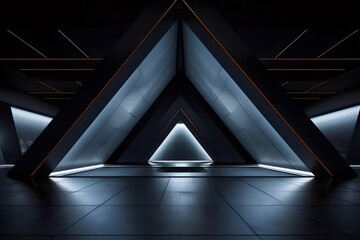 Aufkleber - メタリック三角形の幾何学的抽象 未来的な建築インテリアデザイン 暗い空間に反射と光の効果
