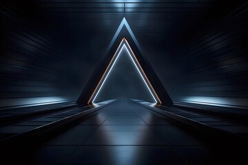 Poster - 抽象的な未来的な三角形のトンネル 青と白のライトと幾何学的な背景デザイン