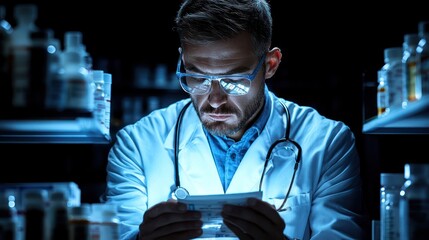 Poster - Doctor examining medication information amidst rows of medical supplies