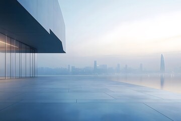 Aufkleber - モダンな建築デザインが水面に反射する都市景観 夜明けの柔らかい光が差し込むブルーとグレーの色調のミニマリズム的な都会の風景