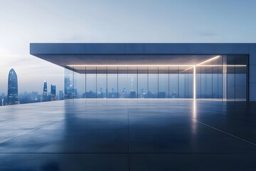 Aufkleber - モダンな建築のテラスからの都市景観 夜空と都会の光が反射するコンクリート建築