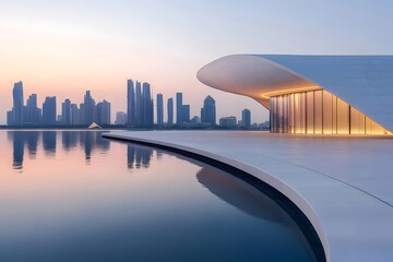 Aufkleber - 近代建築の夕暮れ時の眺め、水面に映る都市景観と空、ドバイの海岸線と湾岸の背景