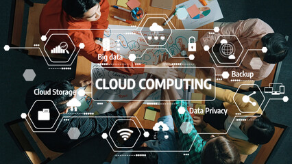 Poster - a dynamic team gathered around a table engaged in a productive cloud computing discussion, focusing 