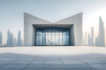 Fototapete - 都市景観の中の幾何学的抽象建築 ミニマリストな白いコンクリート構造とモダンなデザイン 広々とした前景と背景のスカイライン