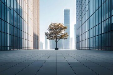 Aufkleber - 近代的な都市景観における黄金色の木と高層ビル 抽象的な背景の建物の間に立つ木のミニマリズムの都市の風景