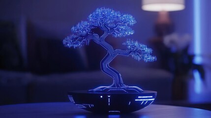 Poster - A futuristic bonsai tree glowing with electrical circuit patterns