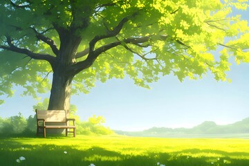 Aufkleber - 晴れた日の緑豊かな木のそばの木製ベンチがあるピクセルアートの風景 静かで穏やかな公園の背景