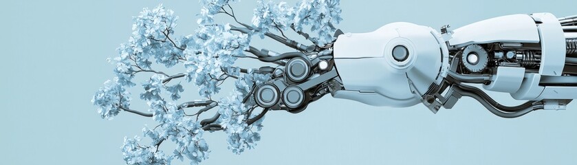 Aufkleber - A robotic arm growing with branches and blossoming flowers
